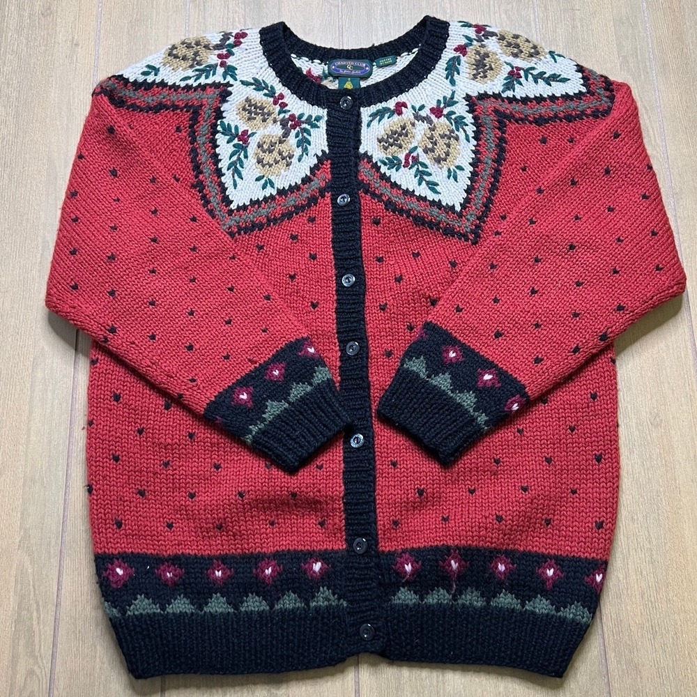 Charter Club Cardigan Women S Wool Hand Knit Fair Isle Pinecone Holiday‎ Sweater